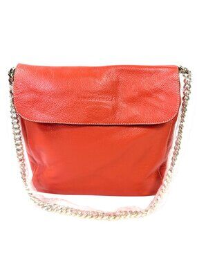 Simona Calla Italy Coral Orange Pebbled Leather Shoulder Bag Gold Chain Strap